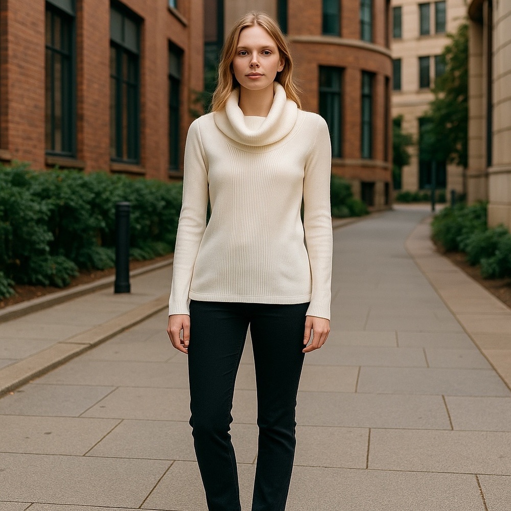 4/$40 Investments Petites Ribbed‎ Knit Cream Cowl Neck Sweater